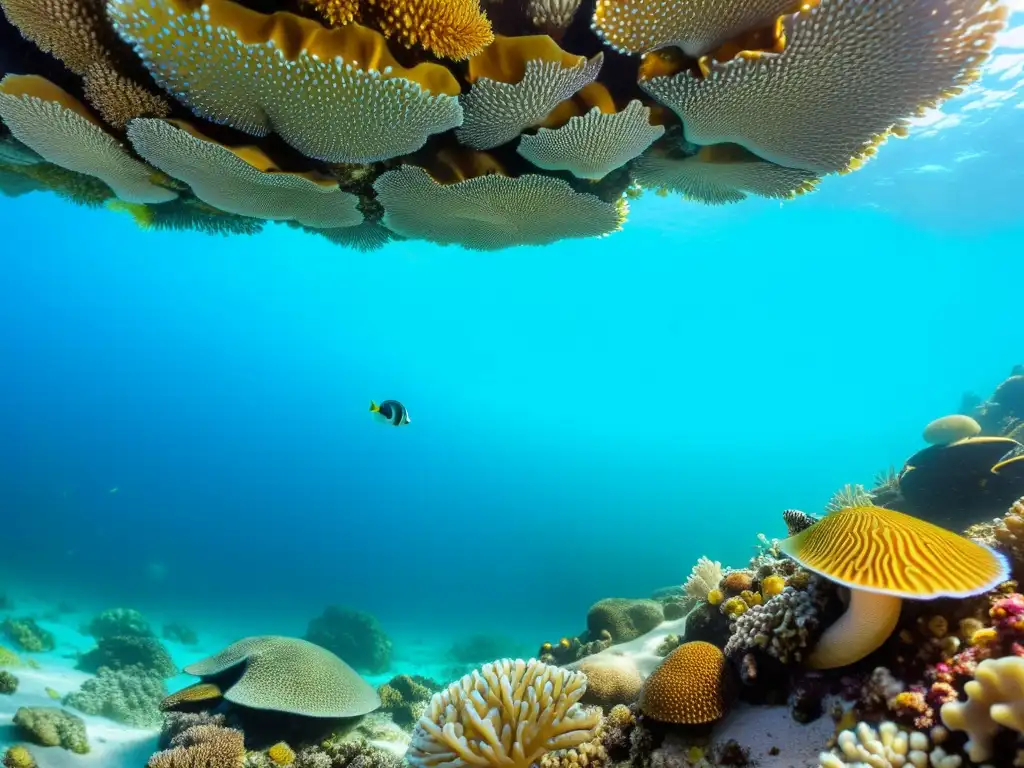 Vibrante arrecife de coral con moluscos y caracoles marinos en su hábitat natural