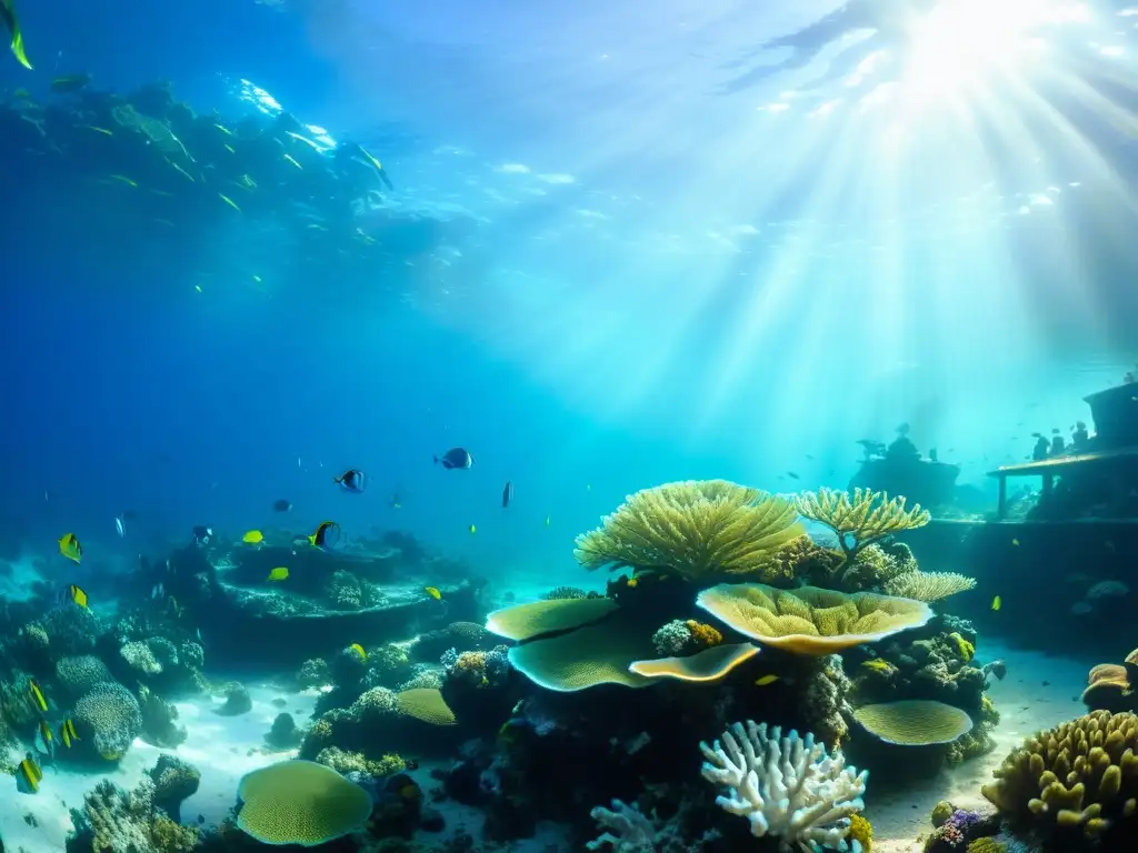 Vibrante arrecife de coral, naufragio cubierto de algas, peces tropicales y biodiversidad en un entorno submarino de aprovechamiento residuos marinos