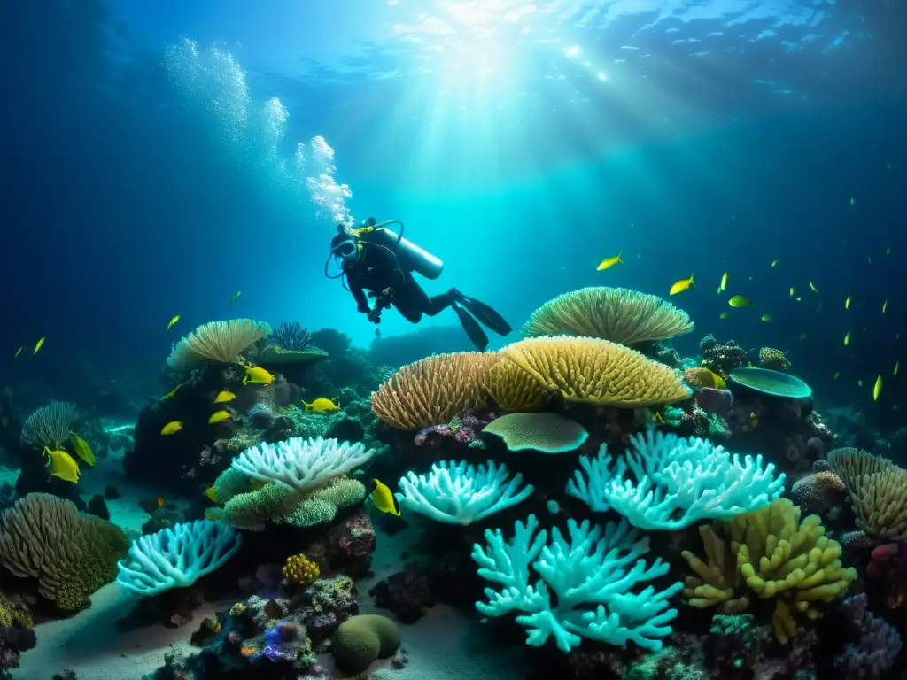 Vibrante arrecife de coral nocturno iluminado por bioluminiscencia, buceador explorando con seguridad