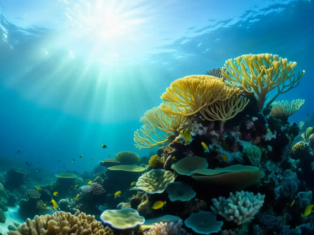 Vibrante arrecife de coral en un océano cristalino, repleto de vida marina