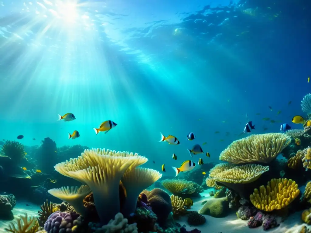 Vibrante arrecife de coral en un océano cristalino, con peces coloridos, anémonas y algas marinas