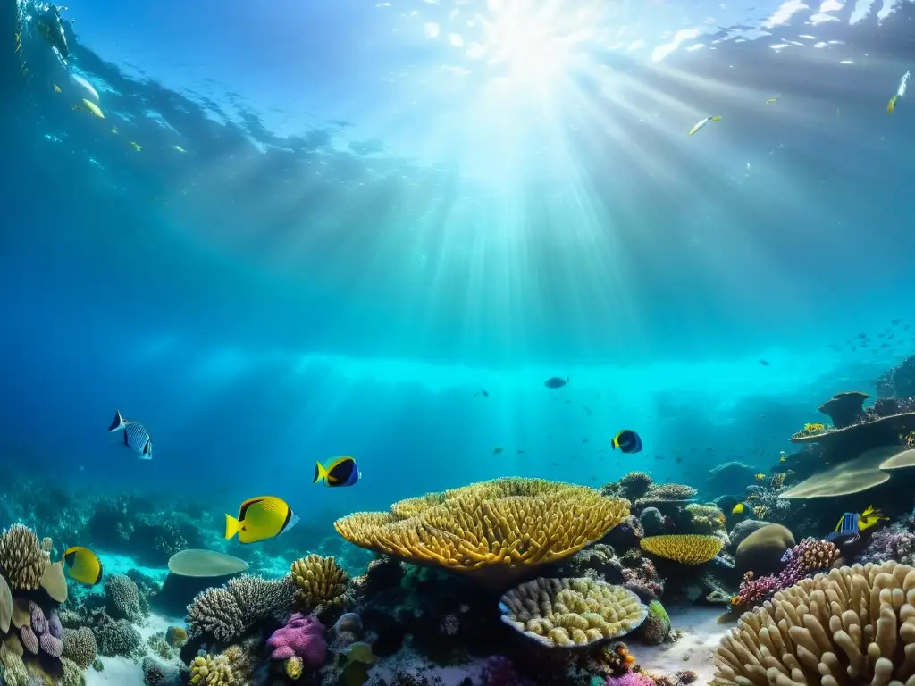 Vibrante arrecife de coral en un océano cristalino, repleto de vida marina diversa