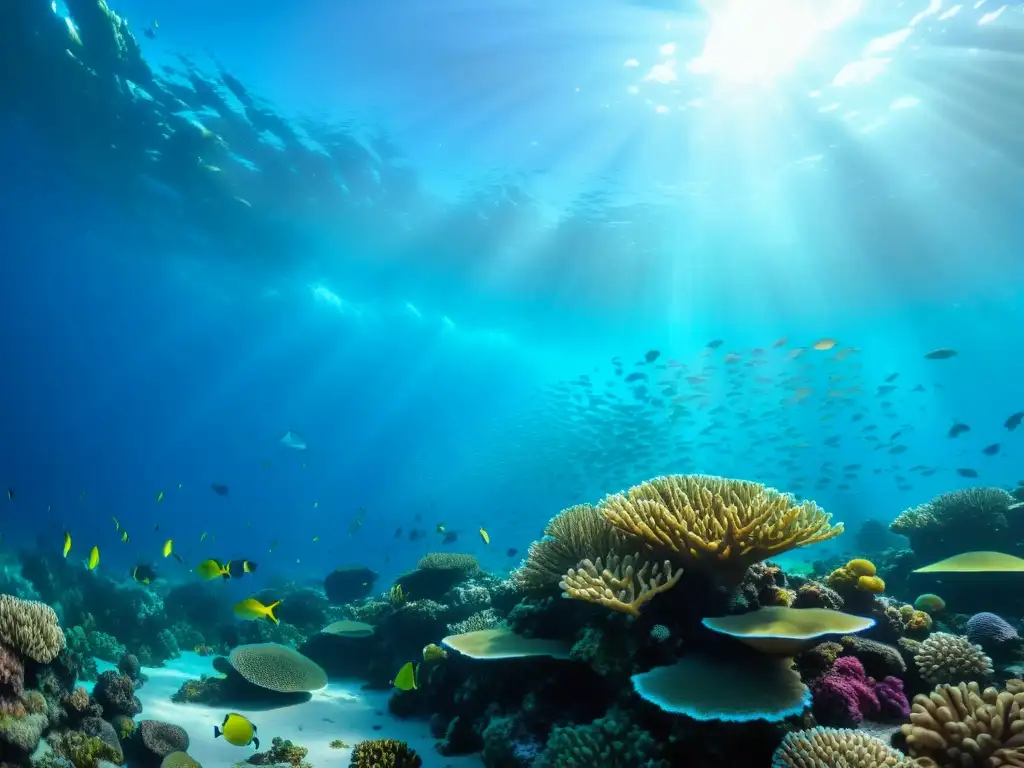 Vibrante arrecife de coral en un océano cristalino, con diversa vida marina