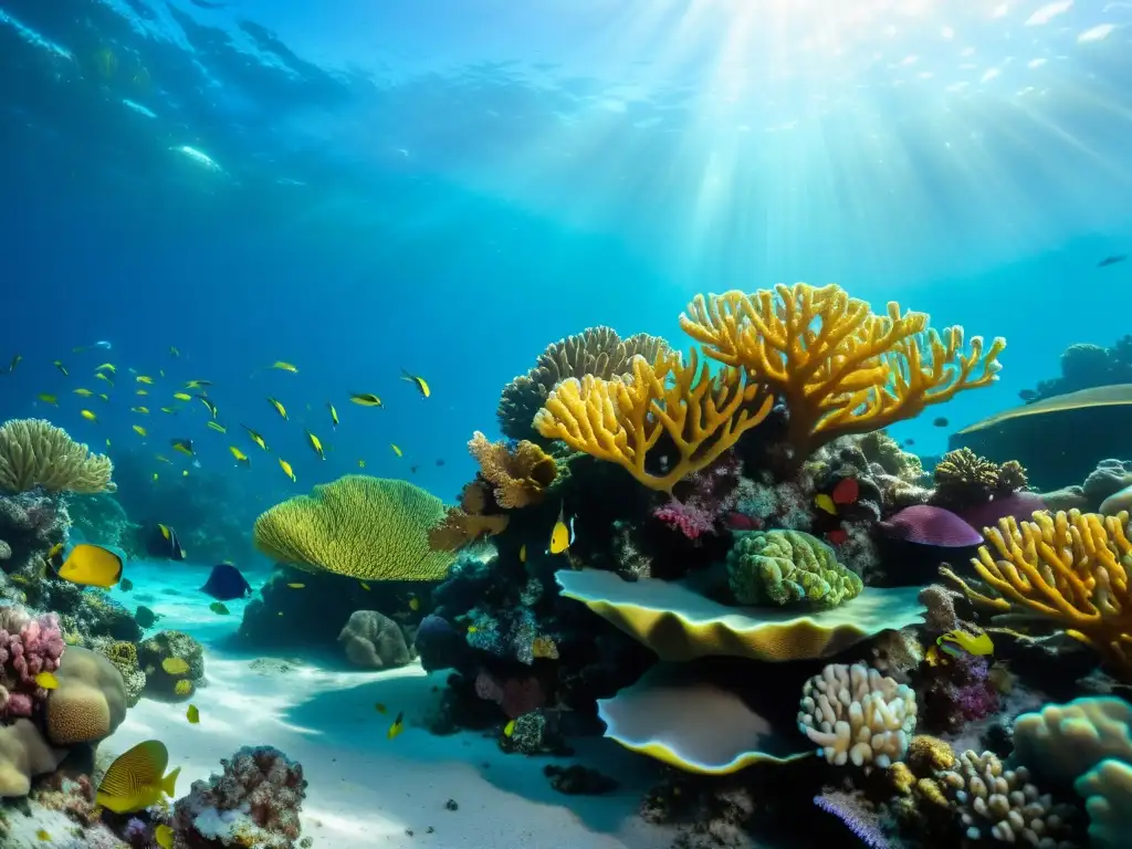 Un vibrante arrecife de coral en un océano cristalino, con peces de colores entre el coral