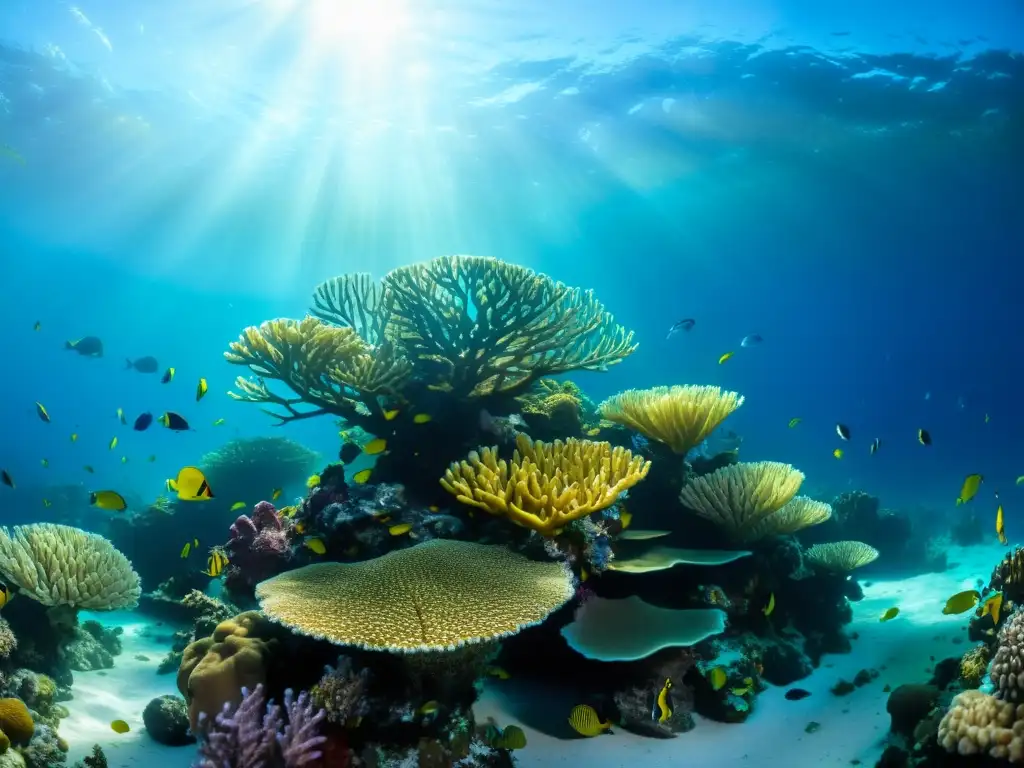 Un vibrante arrecife de coral en un océano cristalino, con vida marina y patrones de luz