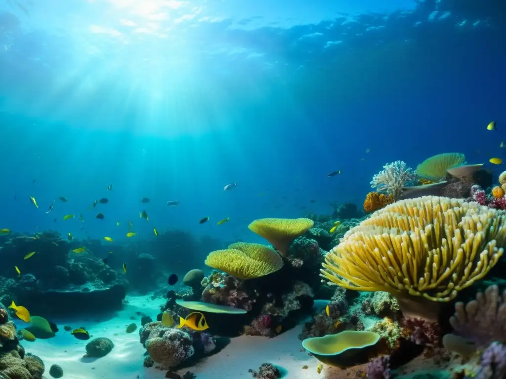 Un vibrante arrecife de coral en un océano cristalino iluminado por la cálida luz dorada