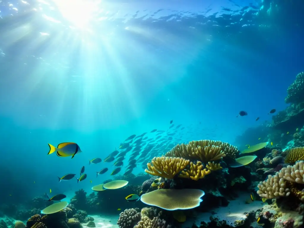 Un vibrante arrecife de coral con peces coloridos y máscaras de buceo con prescripción, bajo la luz del sol en el agua cristalina del mar