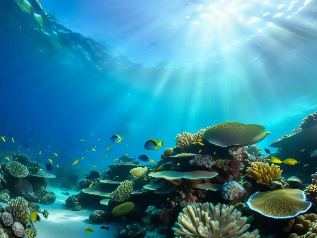 Explora un vibrante arrecife de coral en 8k, con peces de colores y tortugas marinas, iluminado por la luz solar