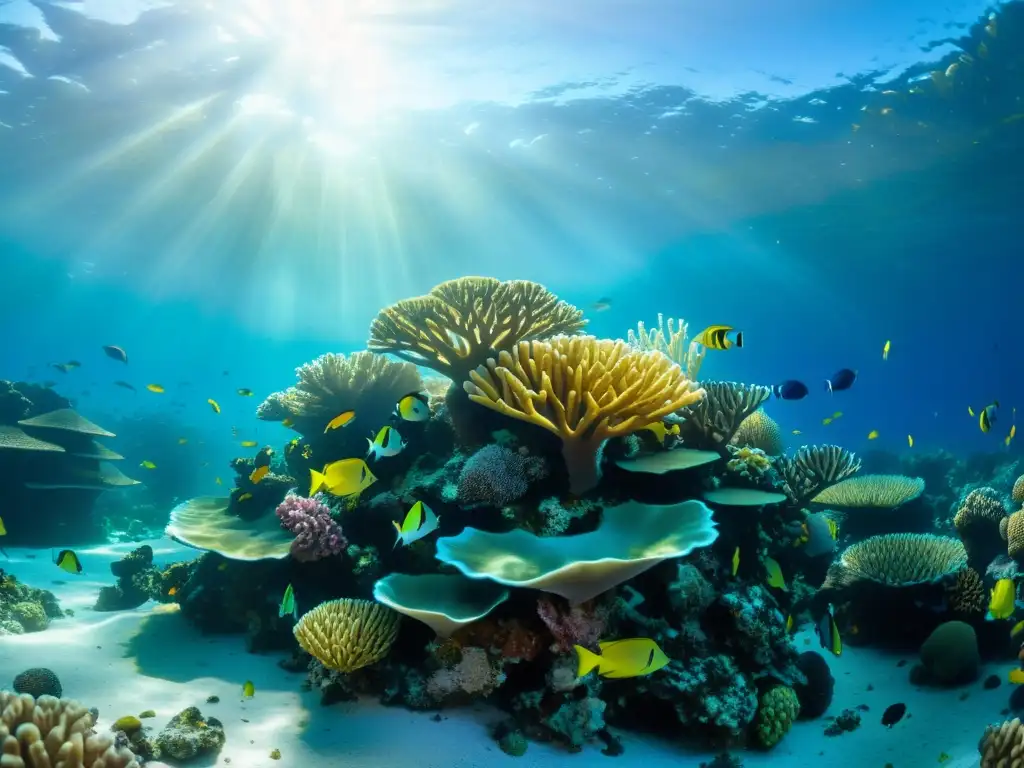 Vibrante arrecife de coral con peces coloridos nadando entre formaciones, bañado por la luz solar