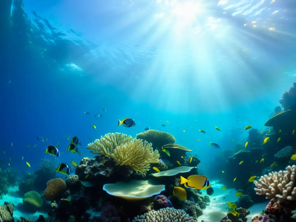 Vibrante arrecife de coral con peces tropicales bajo la luz del sol