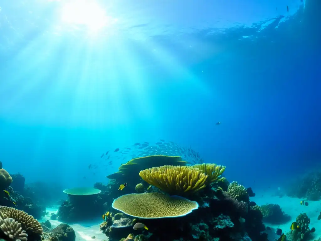 Vibrante arrecife de coral con peces coloridos y rayos de sol, reflejando belleza en los mejores destinos buceo principiantes