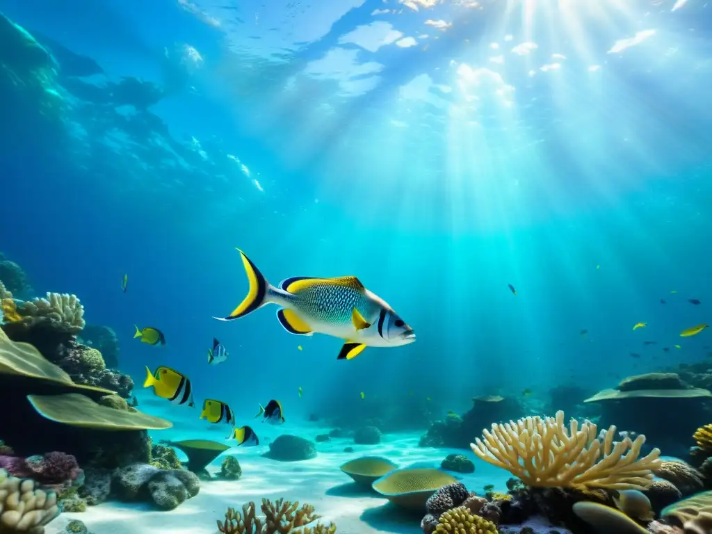 Arrecife de coral vibrante: belleza submarina Un vibrante arrecife de coral con peces coloridos bajo la luz del sol en aguas cristalinas, en un acuario innovador y sostenible