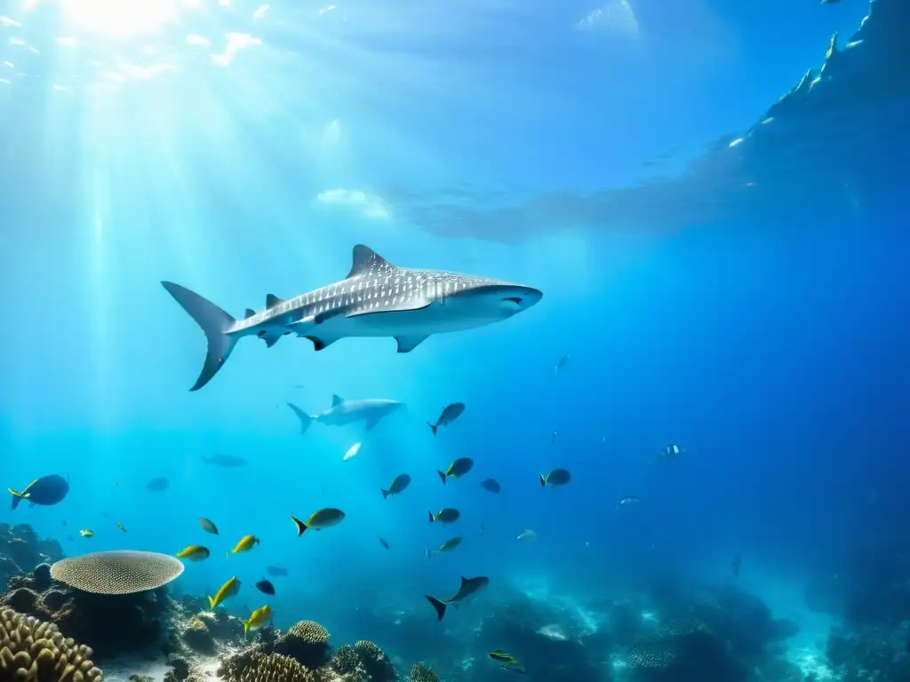 Vibrante arrecife de coral con peces coloridos y un tiburón ballena, en expedición a la Cueva de los Tiburones Dormidos