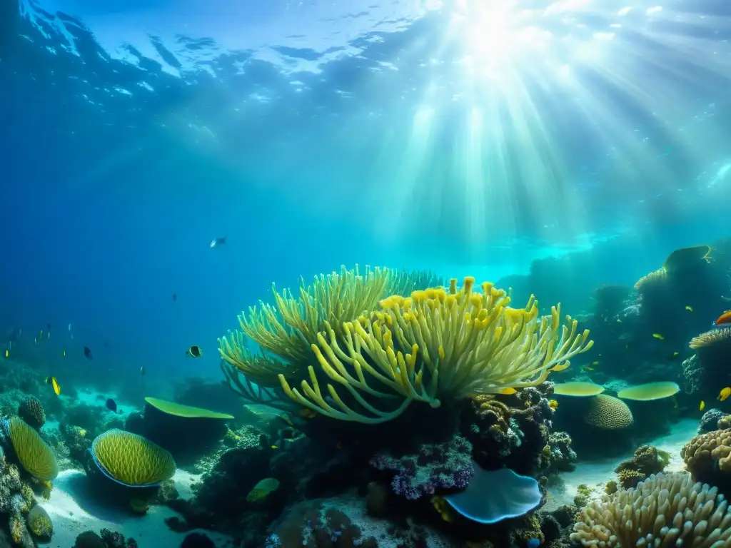 Vibrante arrecife de coral con peces coloridos, anémonas de mar y plantas acuáticas