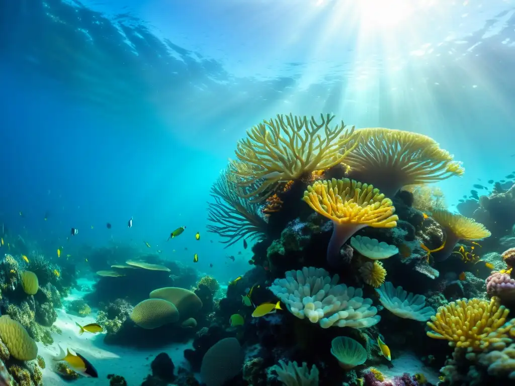 Vibrante arrecife de coral, peces coloridos y vida marina en un ecosistema frágil amenazado por la acidificación oceánica debido al cambio climático