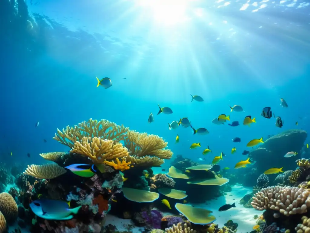 Un vibrante arrecife de coral con peces de colores creando un bullicioso escenario submarino