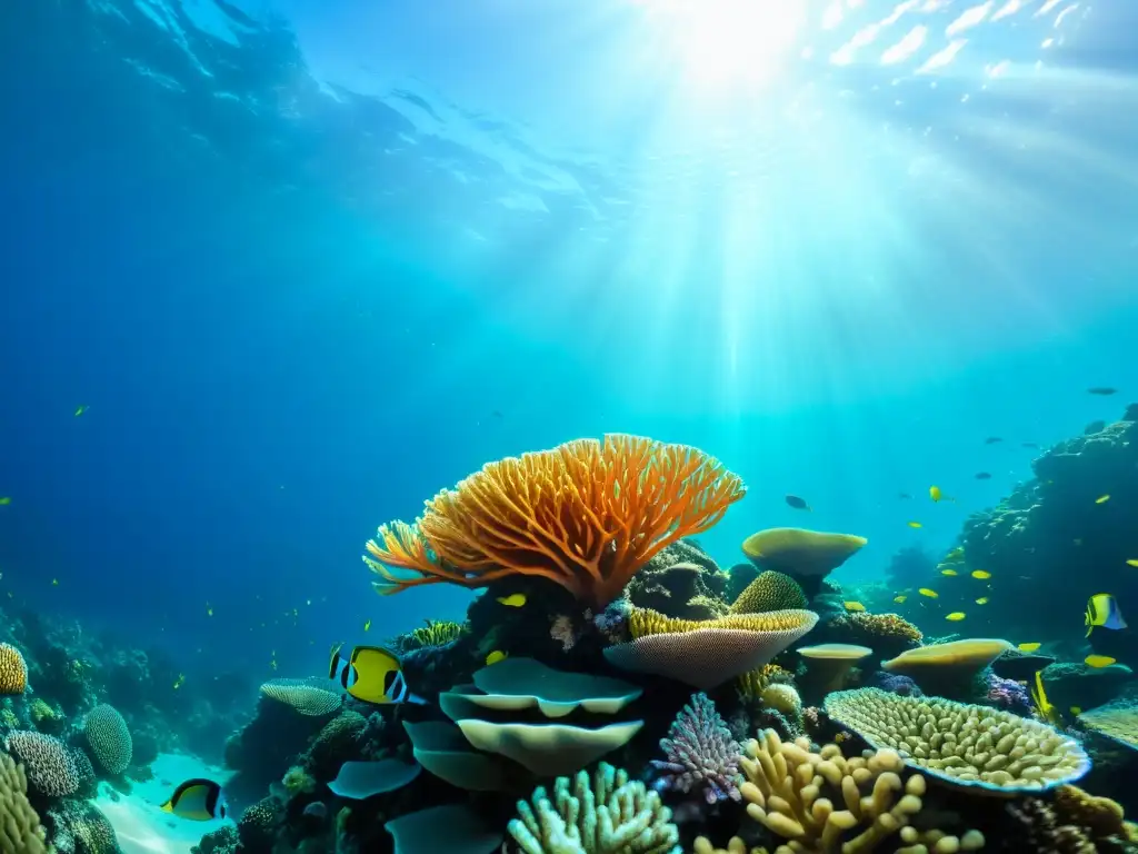 Vibrante arrecife de coral con peces y vida marina, iluminado por el sol bajo el agua