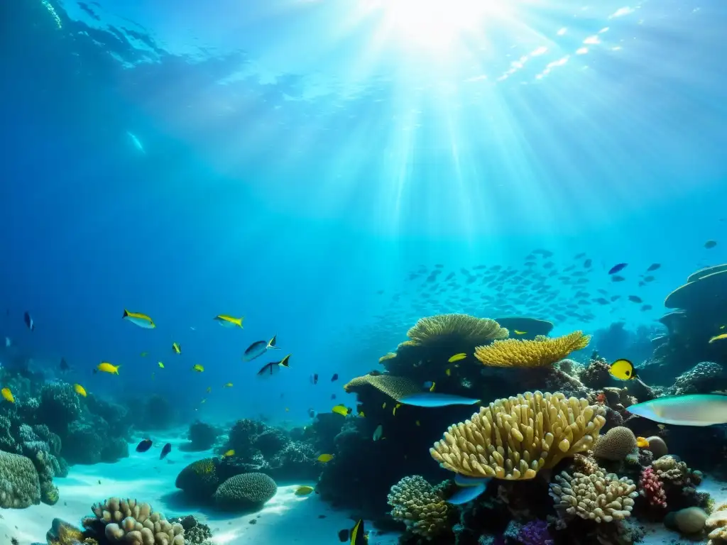 Vibrante arrecife de coral con peces coloridos y juegos de luz y sombra en el fondo marino