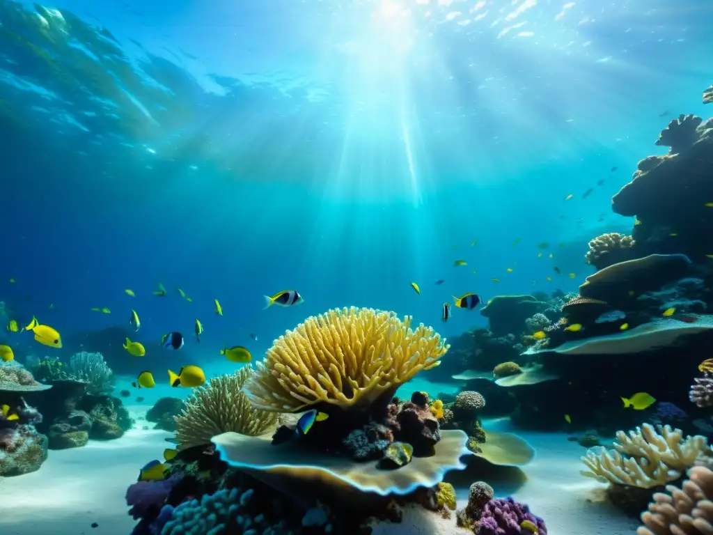 Un vibrante arrecife de coral con peces coloridos para acuario marino en un océano cristalino