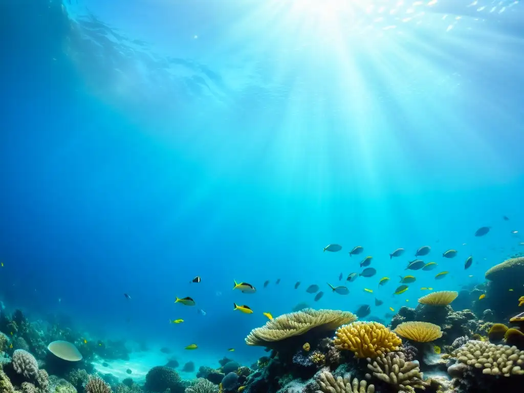 Vibrante arrecife de coral con peces tropicales, aguas cristalinas y patrones de luz