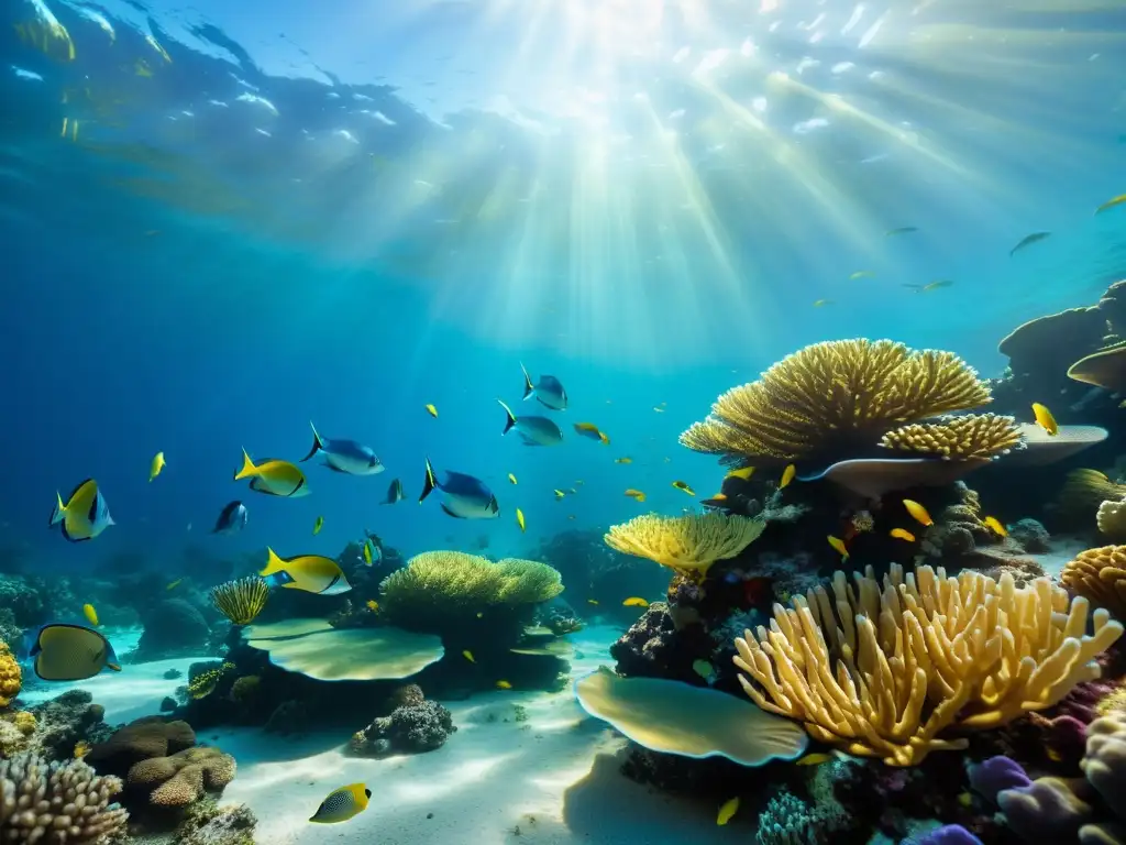 Vibrante arrecife de coral con peces coloridos nadando, bajo el cálido brillo dorado del agua