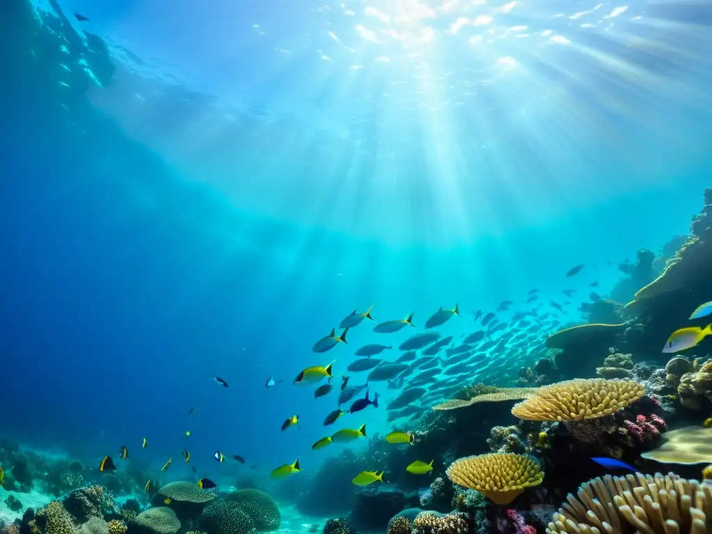 Un vibrante arrecife de coral con peces de colores, aguas cristalinas y la luz del sol creando sombras y patrones en el fondo marino