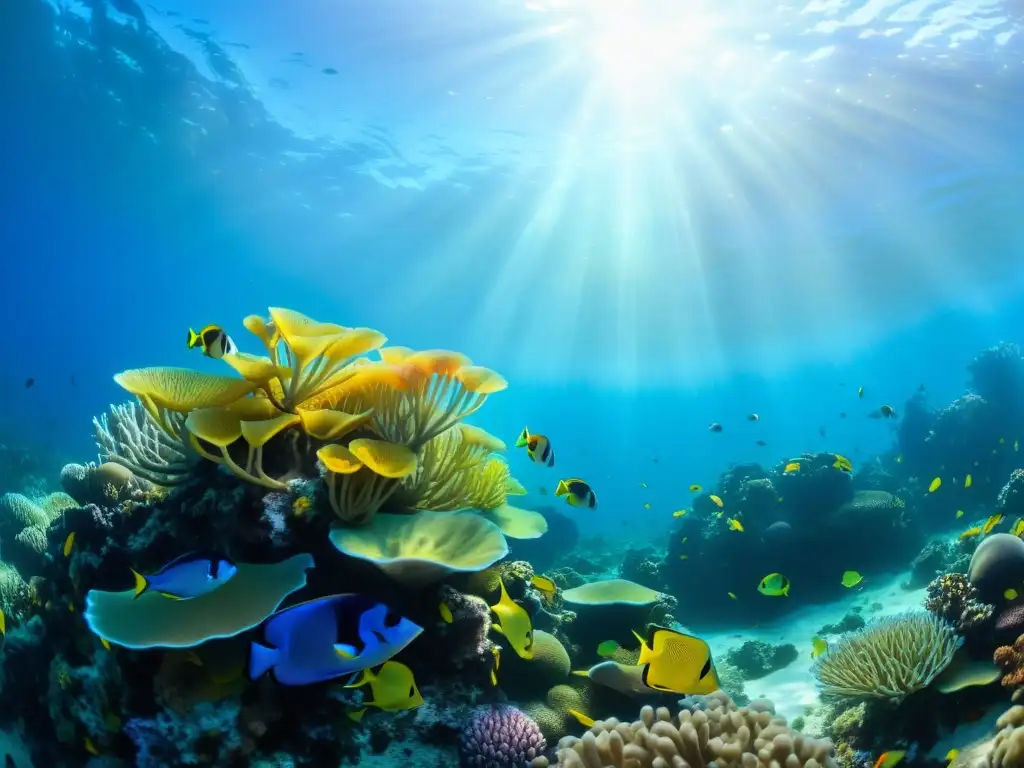 Vibrante arrecife de coral con peces tropicales en un ambiente submarino