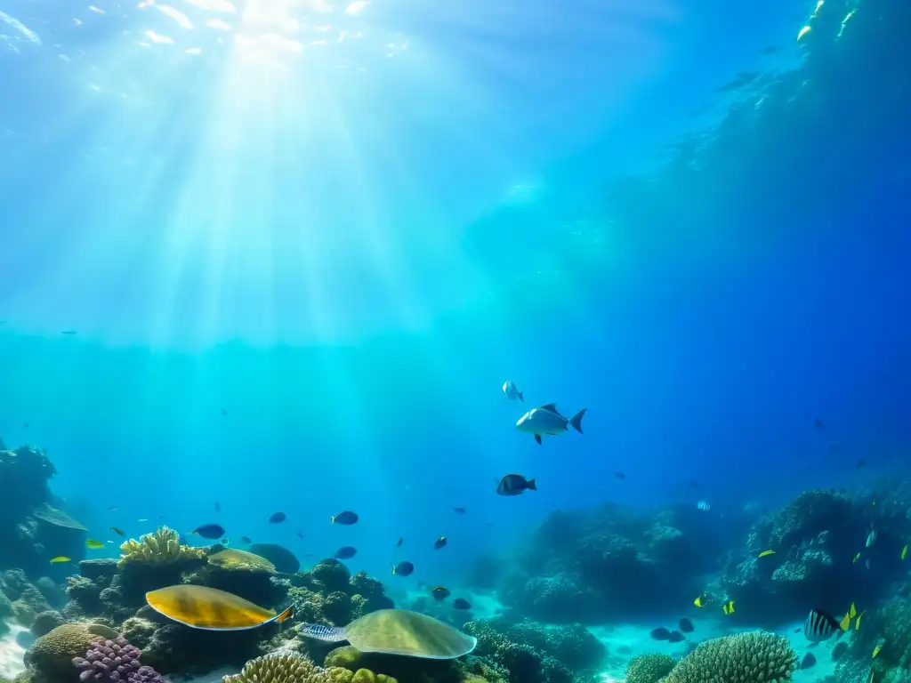 Un vibrante arrecife de coral con peces coloridos y tortugas marinas