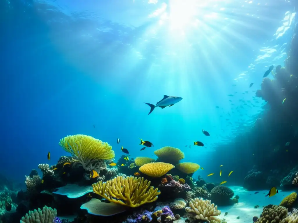 Vibrante arrecife de coral, peces coloridos y plantas marinas bajo el agua