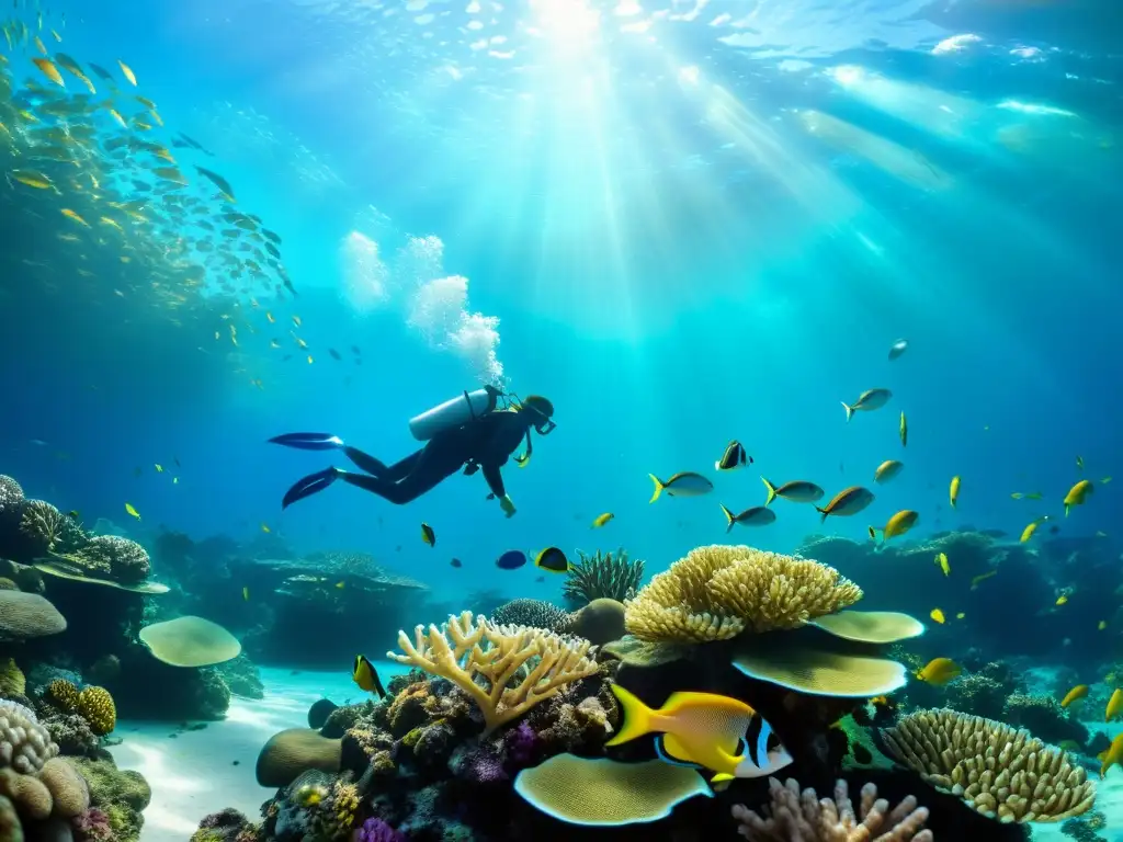 Vibrante arrecife de coral con peces coloridos y plantas marinas, creando un restaurante de mariscos de alta gama bajo el mar