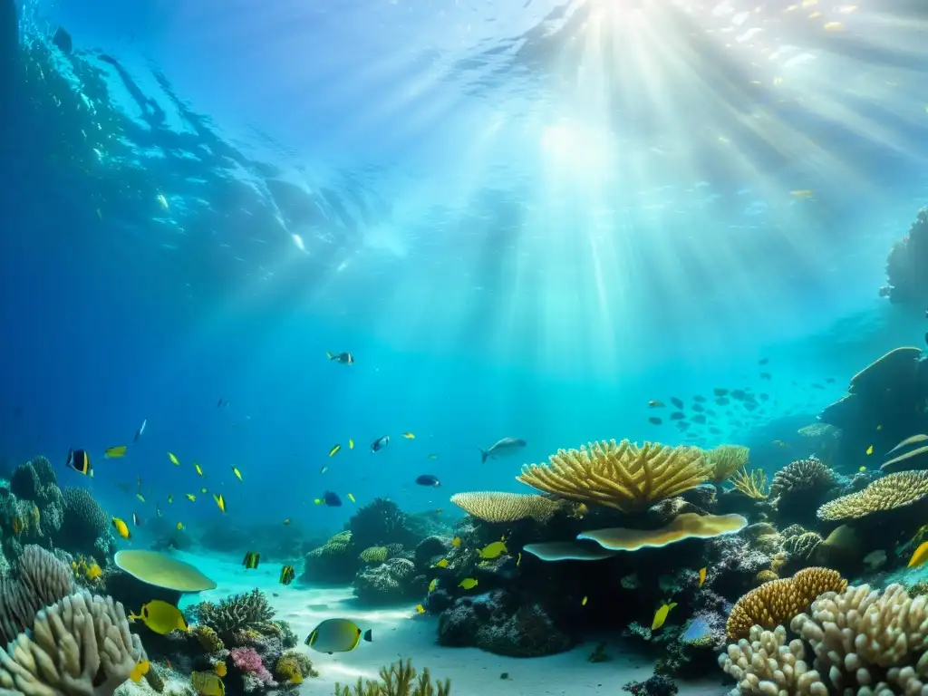 Vibrante arrecife de coral con peces y plantas marinas, destacando la herencia cultural cocina mariscos en un paisaje submarino etéreo y hermoso