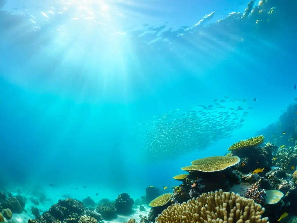 Vibrante arrecife de coral con peces plateados en aguas turquesa