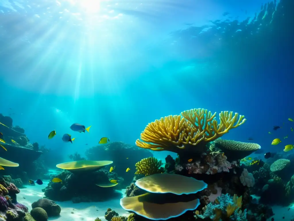 Un vibrante arrecife de coral con peces coloridos bajo la luz solar