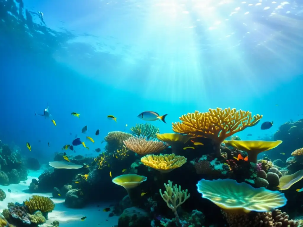 Vibrante arrecife de coral con peces coloridos y agua azul, reflejando la importancia de la sostenibilidad para restaurantes de mariscos de alta gama