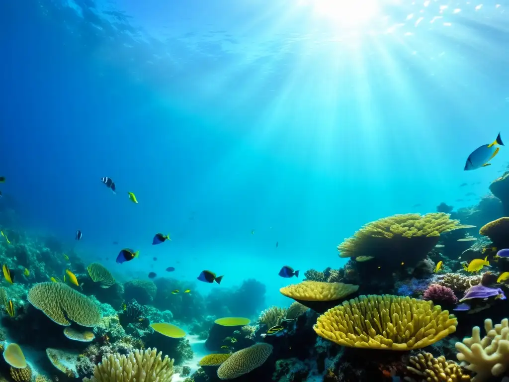 Vibrante arrecife de coral con peces de colores y vida marina, iluminado por la luz del sol, capturando la belleza del ecosistema submarino