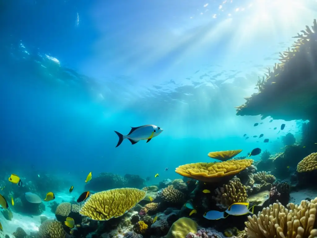 Un vibrante arrecife de coral con peces coloridos, plantas marinas y luz filtrada, promoviendo recetas tradicionales sostenibles de pescadores