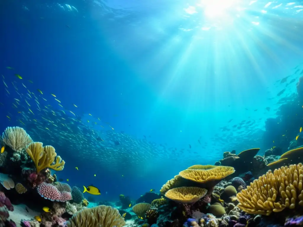 Vibrante arrecife de coral con peces coloridos y plantas marinas, reflejando la diversidad y belleza de la vida marina