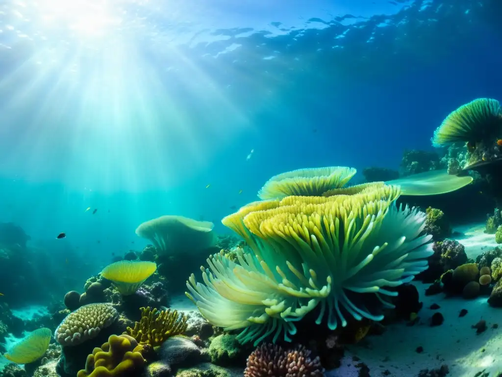 Vibrante arrecife de coral, peces coloridos, anémonas y algas en aguas cristalinas