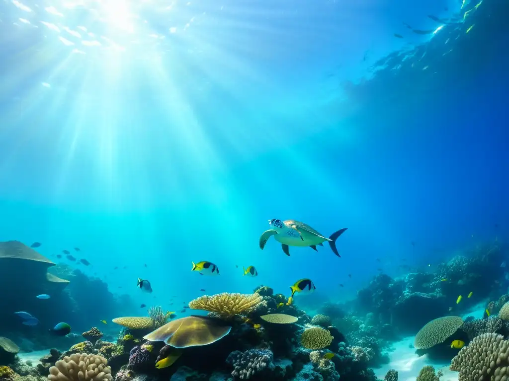 Un vibrante arrecife de coral con peces coloridos y tortugas marinas