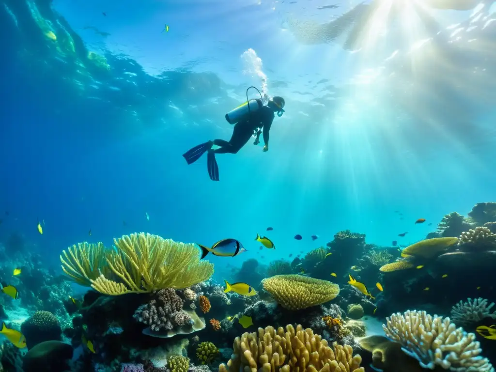 Vibrante arrecife de coral con peces coloridos, plantas marinas y luz solar en el agua turquesa