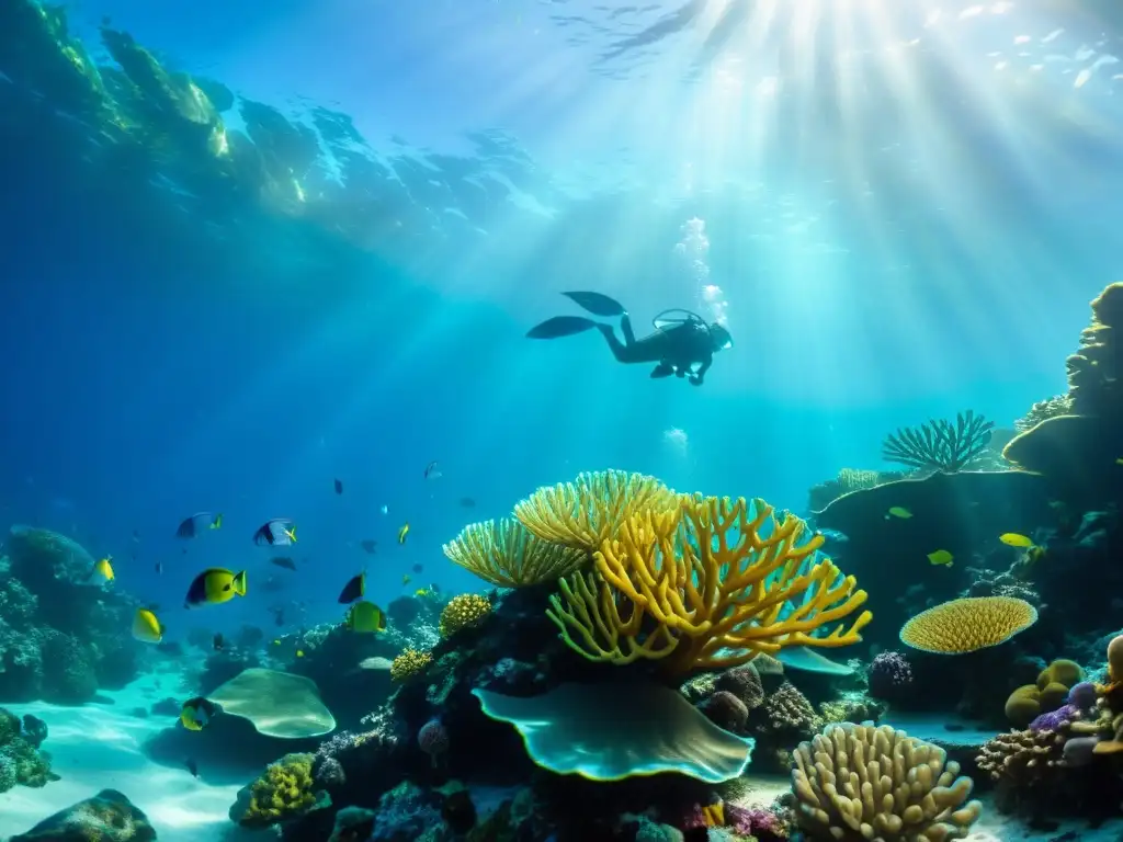 Un vibrante arrecife de coral con peces de colores, plantas marinas y formaciones de coral