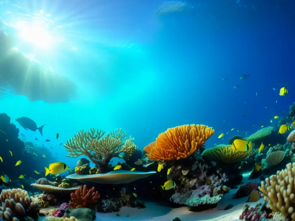 Vibrante arrecife de coral con peces coloridos bajo la luz del sol