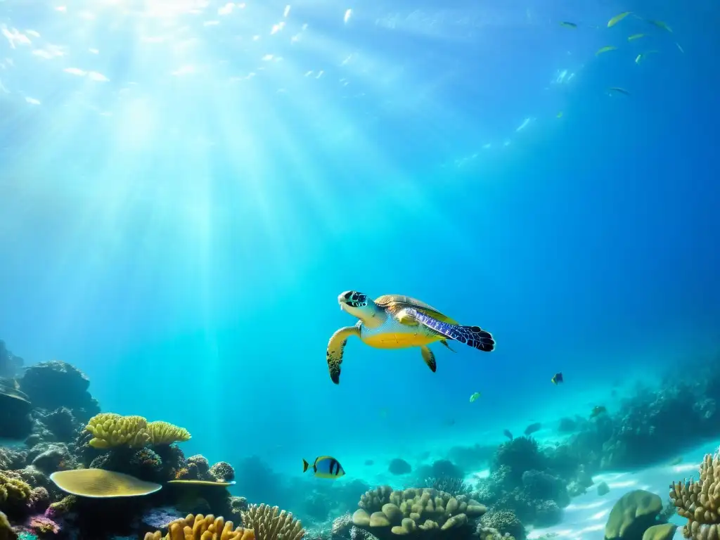 Arrecife de Coral: Belleza Submarina Vibrante arrecife de coral con peces tropicales y tortuga marina
