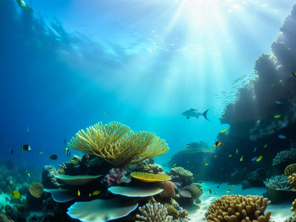 Vibrante arrecife de coral con peces coloridos y luz solar filtrándose en el agua cristalina