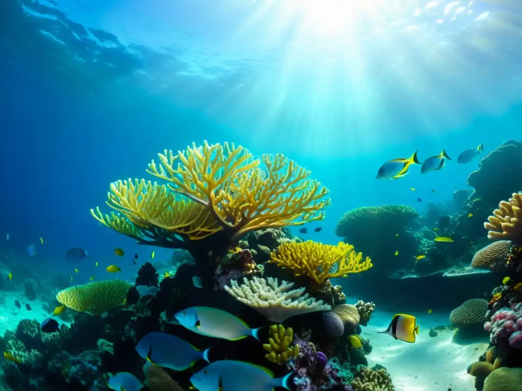 Un vibrante arrecife de coral con peces y vida marina, patrones de luz y sombra en el fondo marino