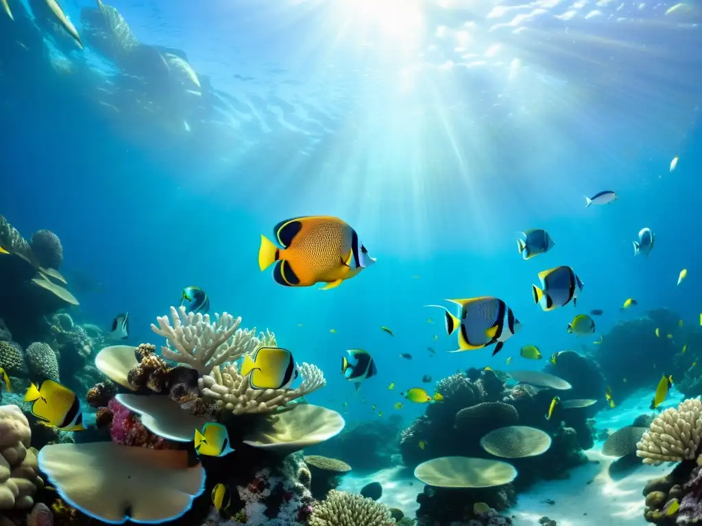 Vibrante arrecife de coral con peces tropicales coloridos en un ecosistema submarino tropical