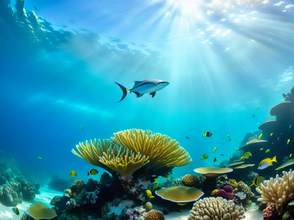 Un vibrante arrecife de coral con peces de colores y vida marina en aguas turquesas, muestra historias de supervivencia alta mar