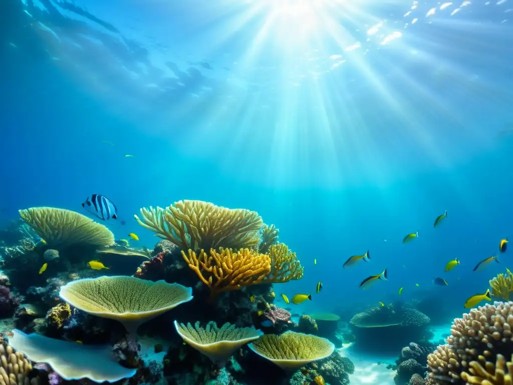 Vibrante arrecife de coral con peces coloridos y plantas marinas, bajo el agua clara