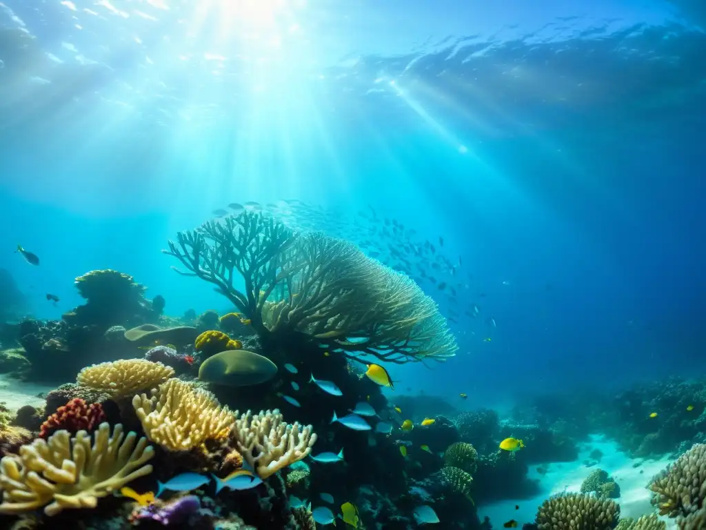 Vibrante arrecife de coral con peces plateados en aguas azules