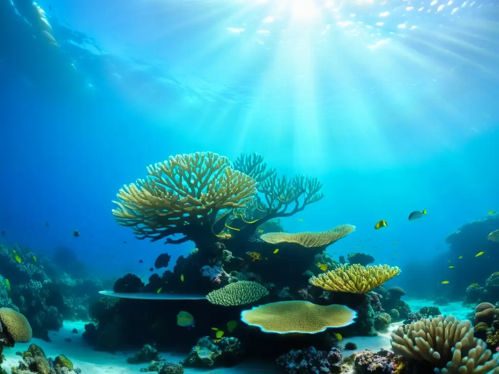 Vibrante arrecife de coral, peces coloridos y vida marina en un mar azul, reflejando las consecuencias del colapso de ecosistemas marinos